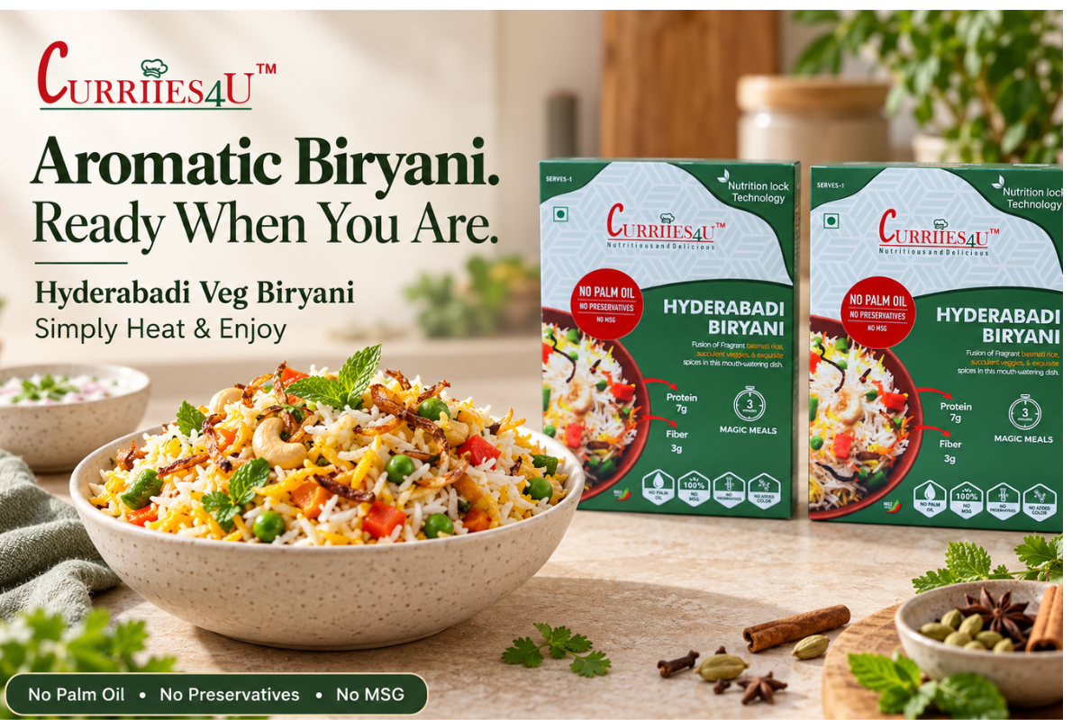 Curriies4U Hyderabadi Veg Biryani pack featuring basmati rice, vegetables and aromatic spices.
