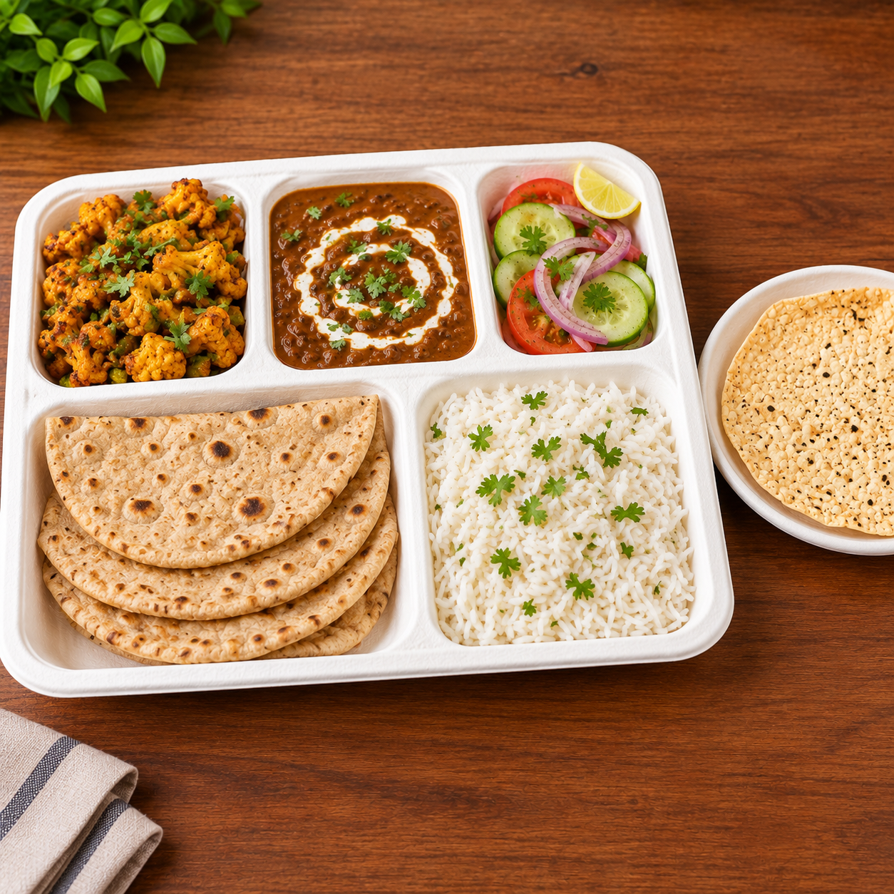 Prime Thali  Gobi Fry Dal Makhani  with 4 Chapati, Rice, Salad & Papad