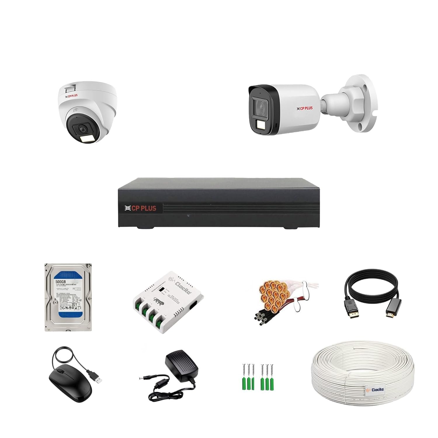 CP Plus illumax 2.4MP 4 Channel DVR, 2.4MP 1 Dome & 1 Bullet Cameras [Color Night Vision + Built-in Audio MIC + SMART Dual Light + Motion Detection] + 500GB HDD + 4 CH SMPS + CCTV Cable + BNC/DC