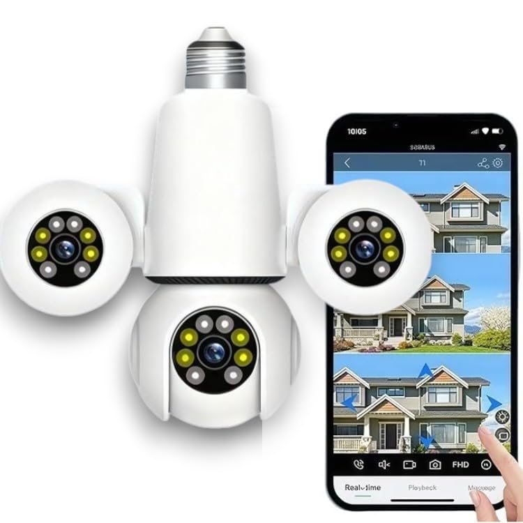 smart wifi camera for home   Bulb 5MP*3 FHD Triple Lens WiFi CCTV Camera | Manual Side Rotation | 360° View | Color Night Vision | AI Human Detection | Two-Way Audio | Indoor Security CCTV Camera