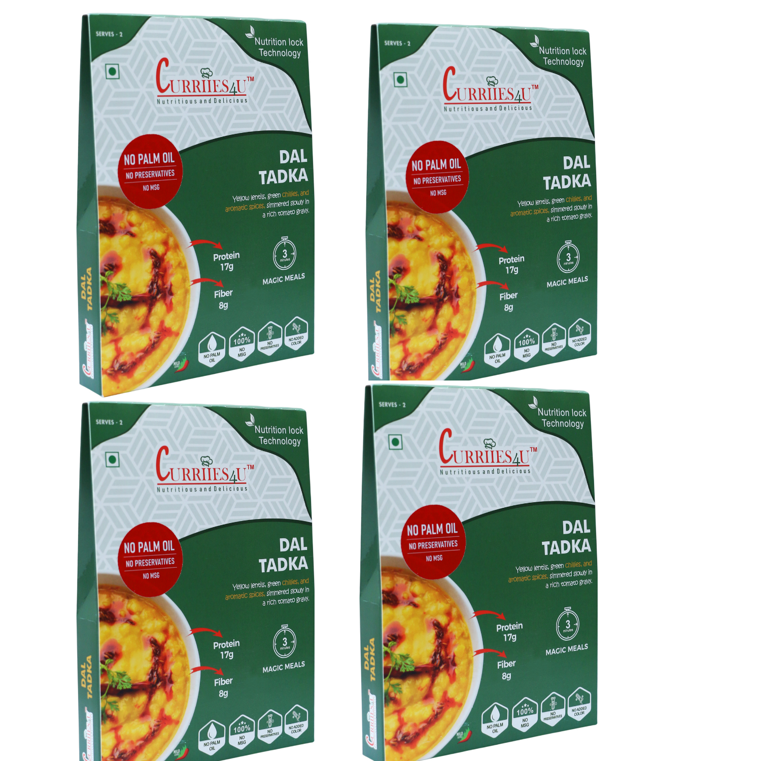 Curriies4U Dal Tadka Ready to Eat, 300g x 4 | Pack of 4 | No Palm Oil, No Preservatives, No MSG & No Added Colour | Yellow Lentil Curry | Ready in 3–5 Minutes | Vegetarian