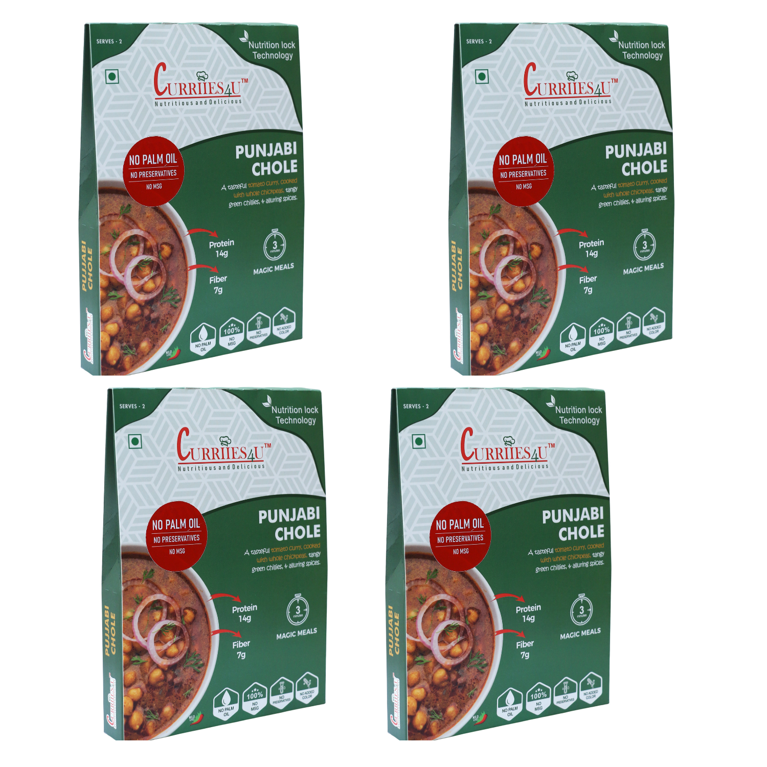 Curriies4U Punjabi Chole Ready to Eat, 300g x 4 | Pack of 4 | No Palm Oil, No Preservatives & No MSG | Chickpea Curry | Ready in 3–5 Minutes | Vegetarian Indian Meal