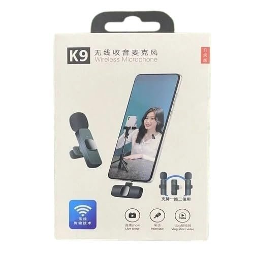 K9  Wireless Microphone (2 Mics) for Mobile – Plug & Play Lavalier Mic for iPhone & Android, Clip On Mic for YouTube, Reels, Vlogging, Interviews & Video Recording