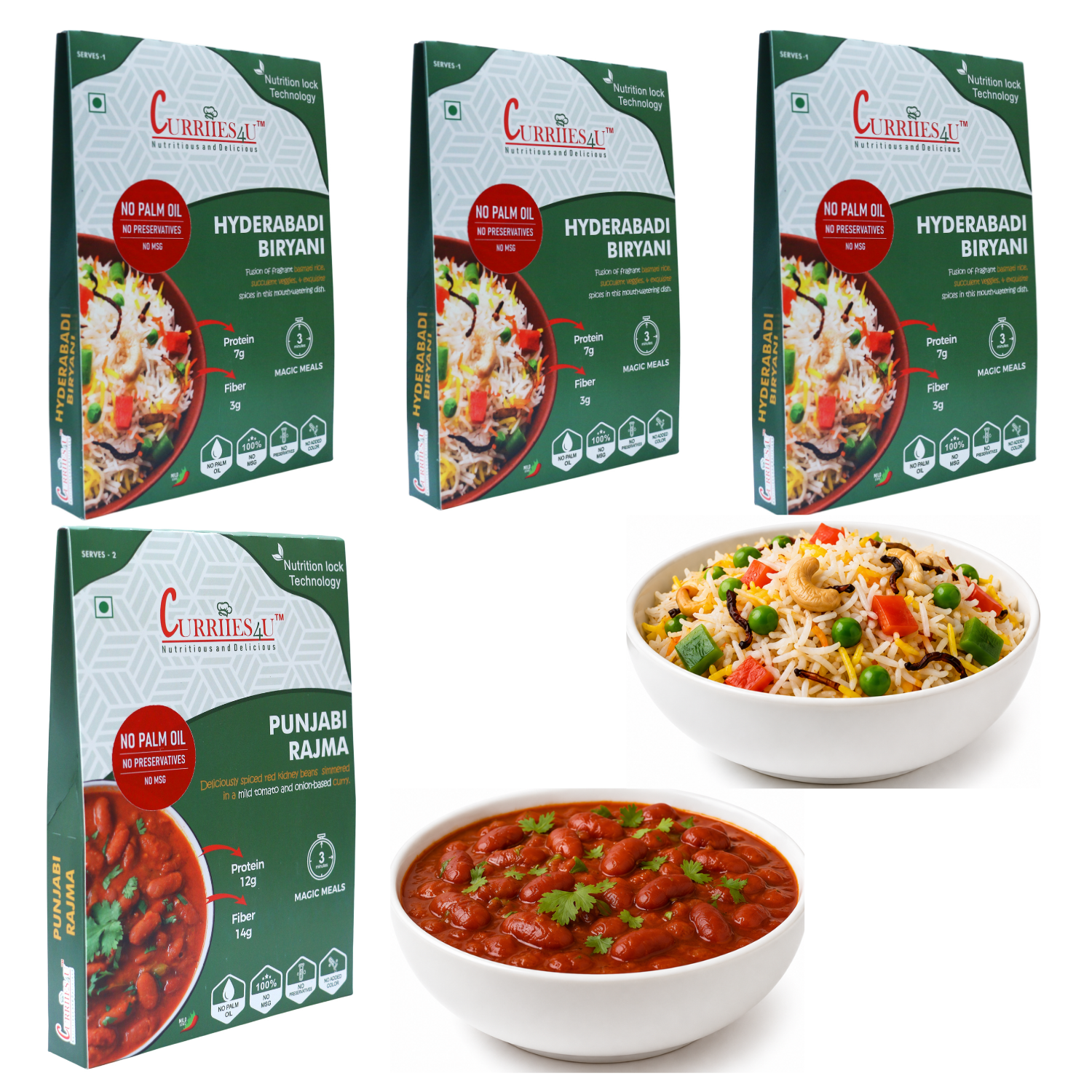 Curriies4U Ready to Eat Indian Food Combo | Hyderabadi Veg Biryani & Punjabi Rajma | No Palm Oil, No Preservatives, No MSG | Ready in 3 Minutes | Vegetarian Instant Meal for Travel, Office & Hostel