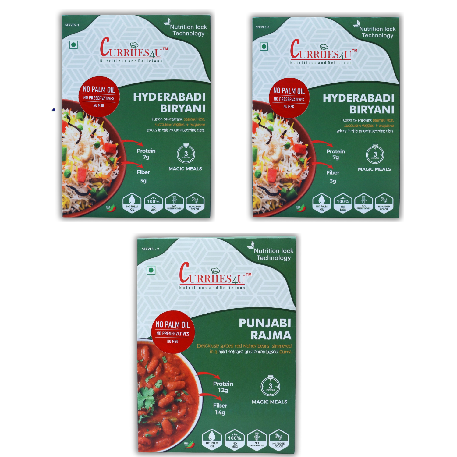Curriies4U Hyderabadi Veg Biryani & Punjabi Chole Combo | Ready to Eat Vegetarian Meals | No Palm Oil, No Preservatives, No MSG