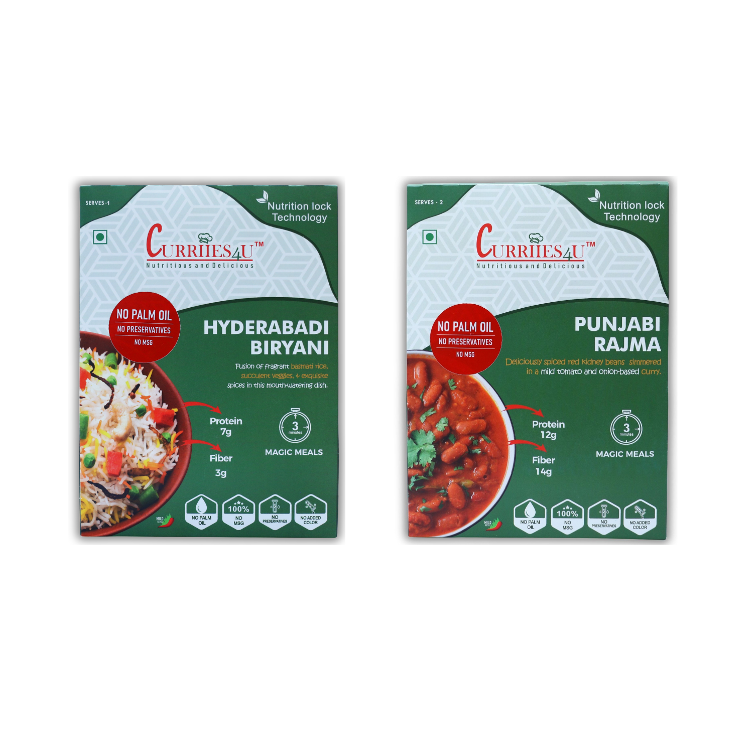 Curriies4U Hyderabadi Veg Biryani | Ready to Eat Basmati Rice Meal | Pack of 2 | No Palm Oil, No Preservatives, No MSG