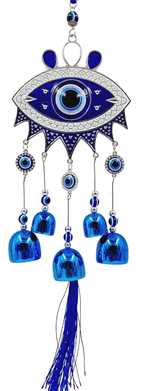 Nazar Battu Hanging Bell with Blue Eye Charm for Window, Garden
