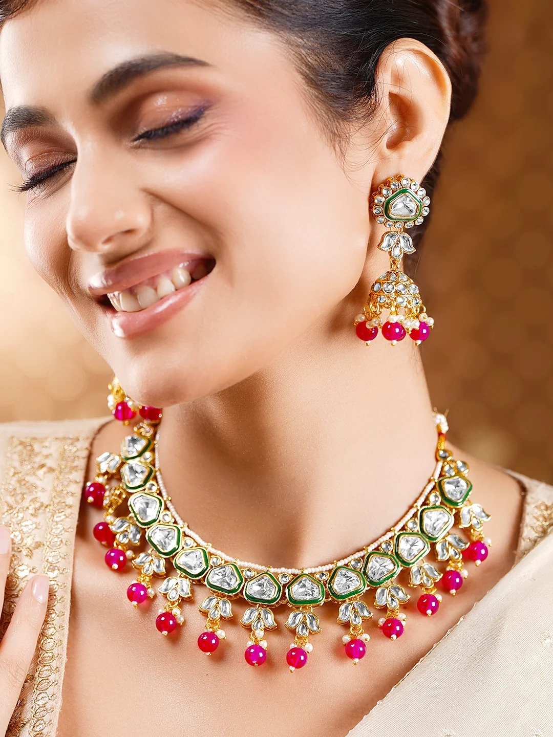 Gold Plated Pearl Beaded Pink Drop Kundan Necklace Set - Necklace Set
