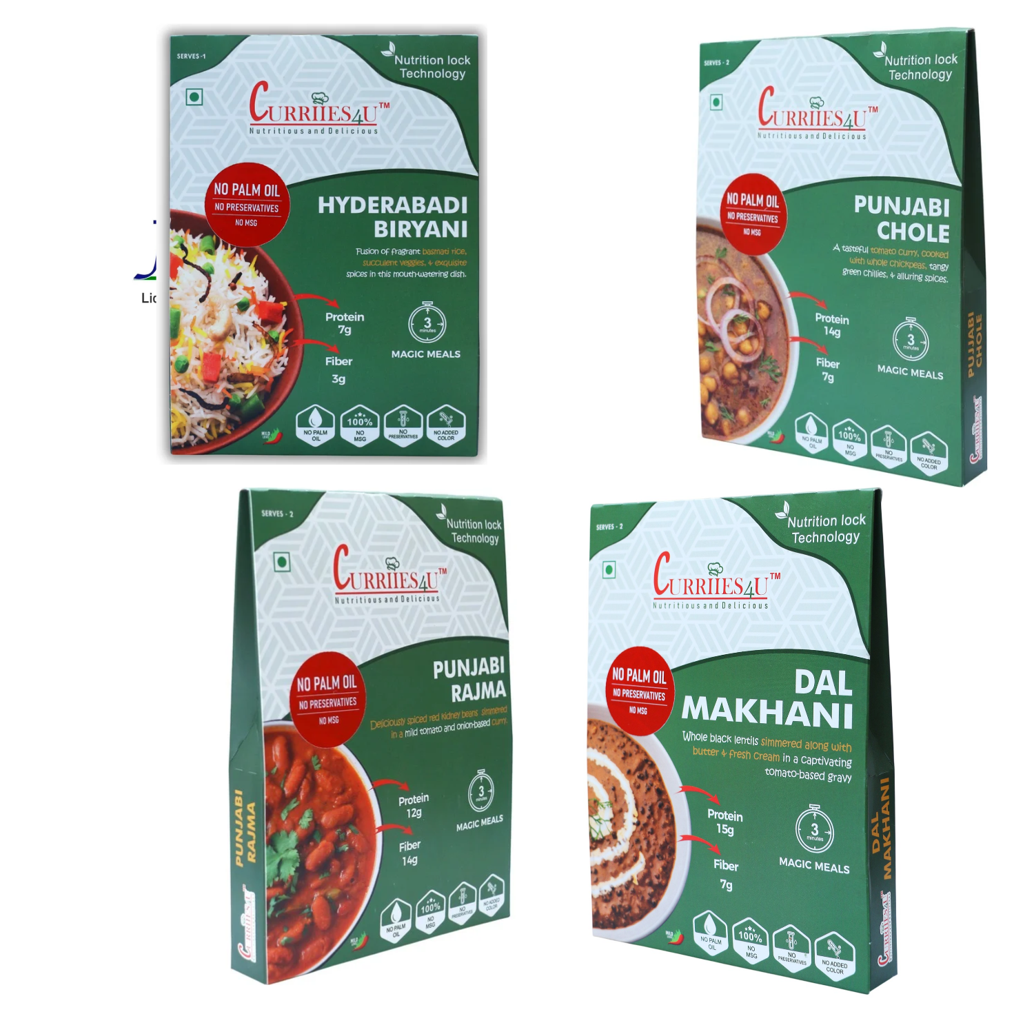 Ready to Eat Indian Food Combo Pack of 4 | Dal Makhani, Punjabi Rajma, Punjabi Chole & Veg Biryani | 300g Each | No Preservatives, No Palm Oil | Ready in 3 Minutes | Vegetarian Meals