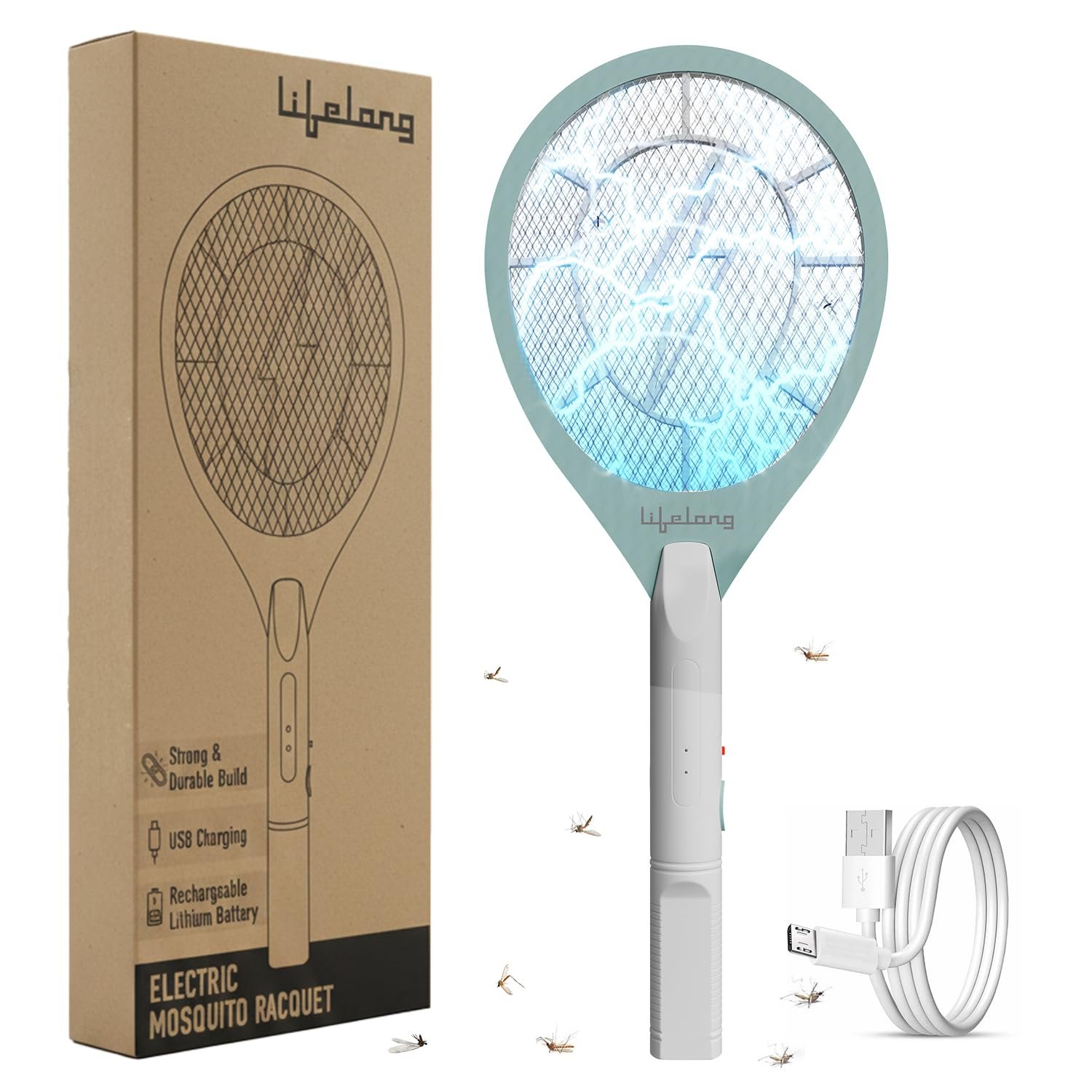 Rechargeable Electric Mosquito Racket | Electric Fly Swatter | Mosquito Bat | Mosquito Killer Racket | USB Charging, White